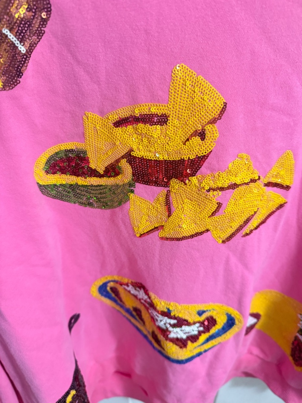 QUEEN OF SPARKLES Pink Sequin Mexican Food Motif Sweatshirt - Picture 3 of 6